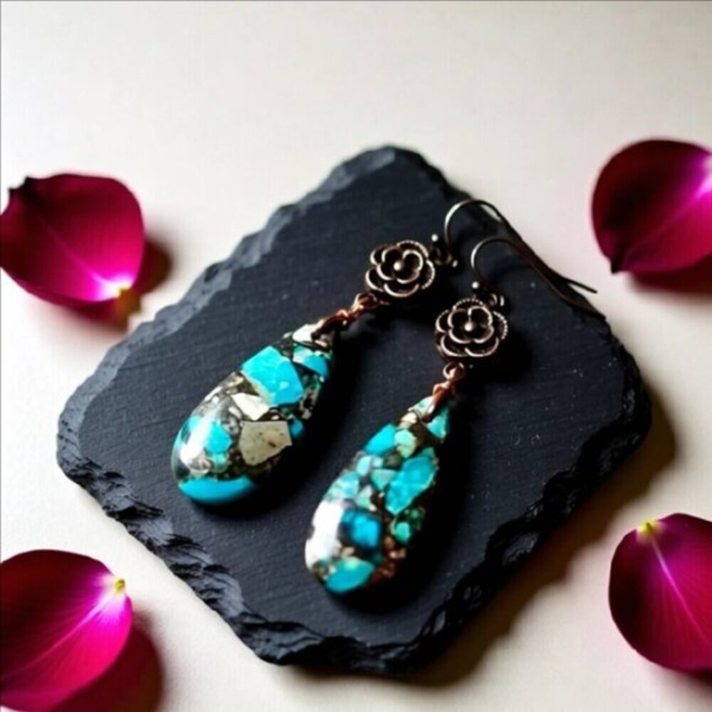 2/$25!!! Sea Sediment Jasper & Copper Flower Dangle Earrings - Ultra Feminine